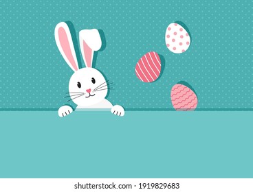 Easter bunny and eggs vector greeting card. Cute rabbit on paper background. Cartoon character on vintage banner. Holiday illustration