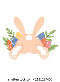  Easter bunny with eggs vector illustration. Cute postcard for Easter with a rabbit.Rabbit with eggs, flowers and leaves.