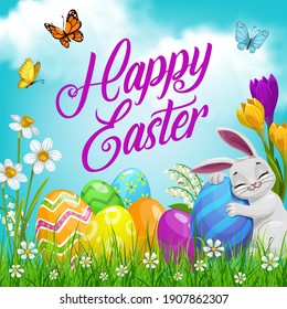 Easter bunny with eggs, vector religion holiday egg hunt. Easter rabbit cartoon character on spring field with green grass blades, flowers of daffodil, crocus and lily of valley, butterflies, blue sky