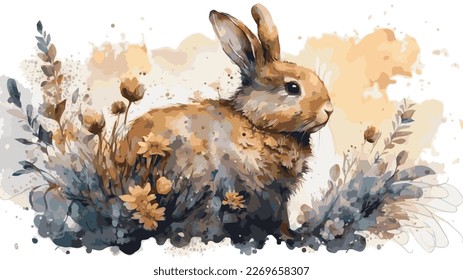 easter bunny with easter eggs in watercolor floral background.