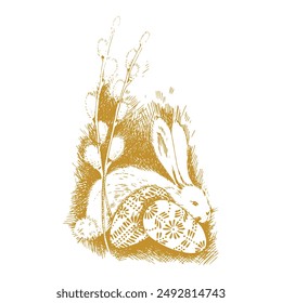 Easter bunny with eggs and willow branches. Spring card. Artistic hand drawn vector illustration.