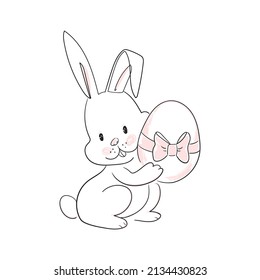 Easter Bunny with an egg,willow and flowers. Linear stock vector illustration isolated on white background,outline easter rabbit.