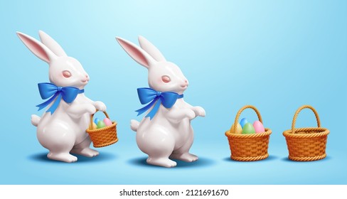 Conjunto de elementos del conejito de Pascua. Ilustración 3D de cerámica permanente Conejos blancos de Pascua y con cestas de mimbre aisladas en fondo azul