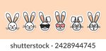 Easter Bunny emoji faces set, emoticon rabbit sad, happy, scared and cute characters with glasses on vector sticker