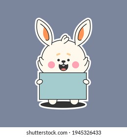 Easter bunny with empty signboard vector cartoon sticker isolated on background.