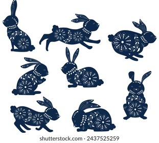 Easter bunny in ethnic patterns, in colors and vegetation with different emblems and plants.