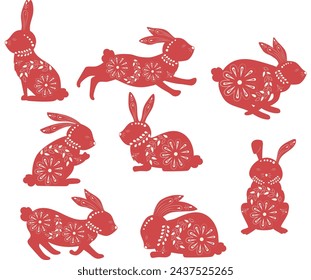Conejito de Pascua en patrones étnicos, en colores y vegetación con diferentes emblemas y plantas.