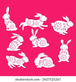Easter bunny in ethnic patterns, in colors and vegetation with different emblems and plants.