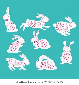 Easter bunny in ethnic patterns, in colors and vegetation with different emblems and plants.