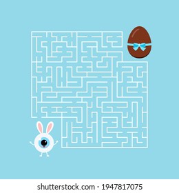 Easter bunny eyeball kids maze game. Help white eye ball boy with bunny rabbit ears to find right way to chocolate egg in labyrinth. Vector flat design dental baby puzzle illustration in cartoon style