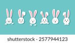 Easter bunny face, cartoon head rabbit, cute character hare, funny white animal with ears, paw and whisker. Spring vector illustration