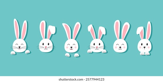 Easter bunny face, cartoon head rabbit, cute character hare, funny white animal with ears, paw and whisker. Spring vector illustration