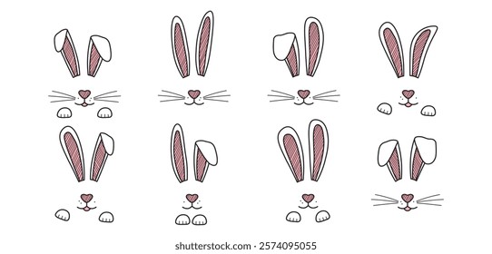 Easter bunny face with ears and paw, rabbit line hand drawn, cute animal mask outline design. Holiday spring character black, pink colors, cartoon set isolated on white background. Vector illustration