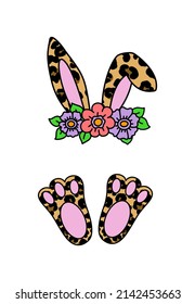 	
Easter bunny face with flowers. Leopard print. Name frame monogram design. Cute hand drawn vector illustration. Isolated white background. For Easter decor, scrapbooks, invitations and card