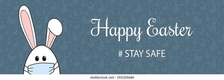 Easter bunny with face mask. Concept of holidays during coronavirus pandemic. Panoramic header. Vector