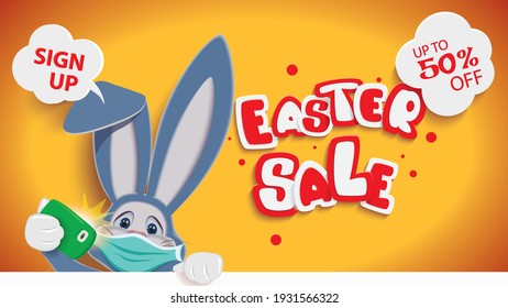 Easter Bunny with face protective mask taking selfie next to textual signboard,Easter sale web banner,coronavirus danger and public health risk disease concept