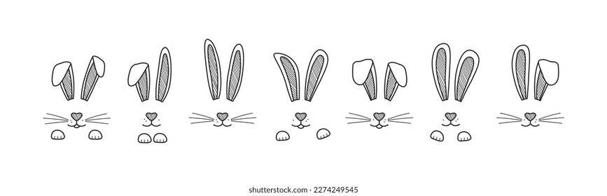 Osterhasen-Gesicht, Kaninchenohr mit Pfau, Whisker. Doodle Hare, schwarz-süße Linie Zeichen Vektorsymbol einzeln auf weißem Hintergrund. Tierhandgezeichnete Illustration