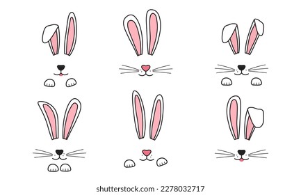 Easter bunny face, rabbit ear with paw, whisker. Doodle hare, cute  character vecror icon isolated on white background. Animal hand drawn illustration