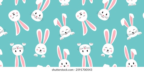 Easter bunny face seamless pattern, cute head rabbit background, cute character hare print, funny white animal with ears, paw and whisker bg. Spring vector illustration