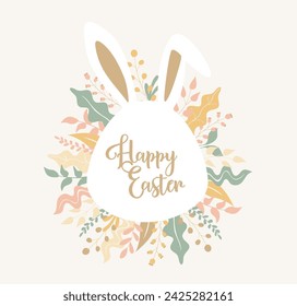 Easter bunny face with typography  happy Easter.  Flower, plant design around it in pastel colours. Happy Easter banner, poster, post greeting card.

