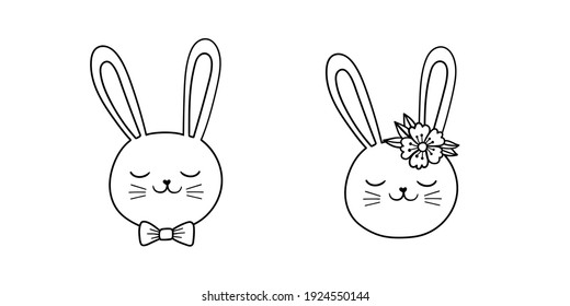 Easter Bunny. Face bunny vector design. Outline drawing. Line vector illustration.  Isolated on white background.