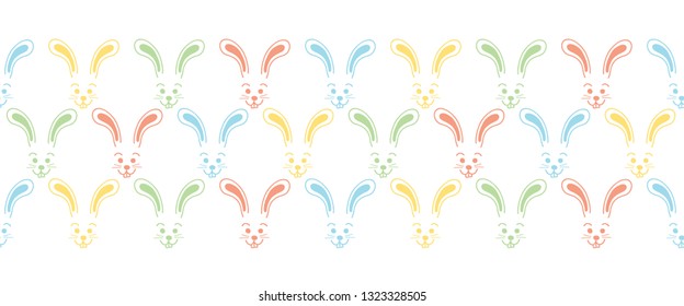Easter bunny faces seamless vector border. Cute colorful bunny pattern. Simple rabbit illustration repeating tile. Use for Easter cards, spring, summer, kids fabric, decor, gift wrap, decoration.