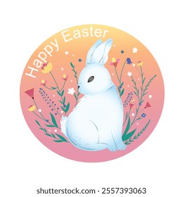 Easter bunny. Flat style cute background framed with plants and flowers. Composition isolated on a monochrome background. Vector image. Great for Easter cards.