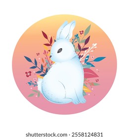 Easter bunny. Flat style cute background framed with plants and flowers. Composition isolated on a monochrome background. Vector image. Great for Easter cards.