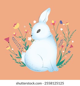 Easter bunny. Flat style cute background framed with plants and flowers. Composition isolated on a monochrome background. Vector image. Great for Easter cards.