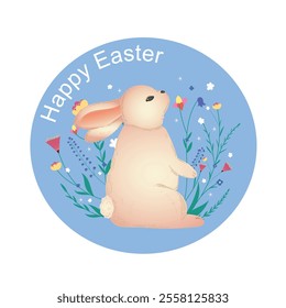 Easter bunny. Flat style cute background framed with plants and flowers. Composition isolated on a monochrome background. Vector image. Great for Easter cards.