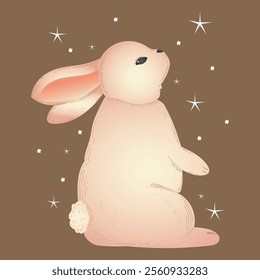 Easter bunny. Flat style cute background framed with plants and flowers. Composition isolated on a monochrome background. Vector image. Great for Easter cards.