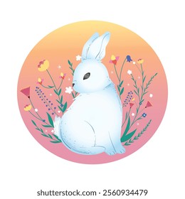 Easter bunny. Flat style cute background framed with plants and flowers. Composition isolated on a monochrome background. Vector image. Great for Easter cards.