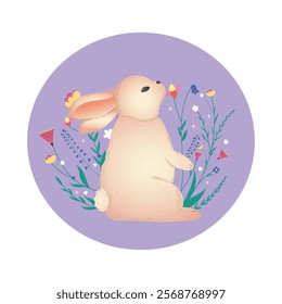 Easter bunny. Flat style cute background framed with plants and flowers. Composition isolated on a monochrome background. Vector image. Great for Easter cards.