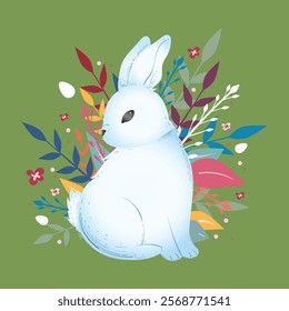 Easter bunny. Flat style cute background framed with plants and flowers. Composition isolated on a monochrome background. Vector image. Great for Easter cards.