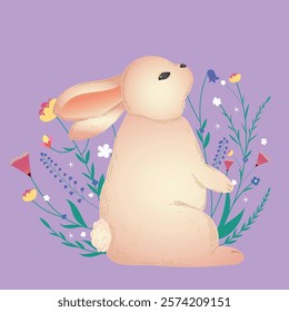 Easter bunny. Flat style cute background framed with plants and flowers. Composition isolated on a monochrome background. Vector image. Great for Easter cards.