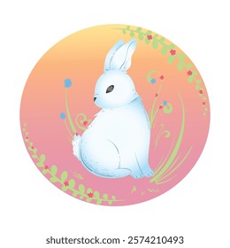 Easter bunny. Flat style cute background framed with plants and flowers. Composition isolated on a monochrome background. Vector image. Great for Easter cards.