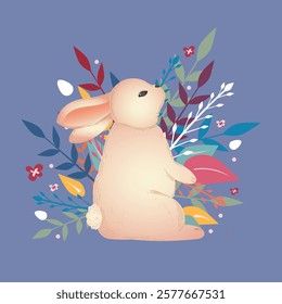 Easter bunny. Flat style cute background framed with plants and flowers. Composition isolated on a monochrome background. Vector image. Great for Easter cards.