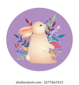 Easter bunny. Flat style cute background framed with plants and flowers. Composition isolated on a monochrome background. Vector image. Great for Easter cards.