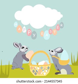 The Easter Bunny flies on air balloon through the sky among the clouds and cuts off Easter eggs with scissors. Eggs hang on strings in the form of spring raindrops. Happy Easter vector isolated cute i