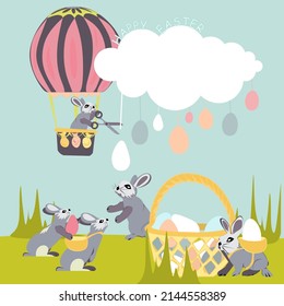 The Easter Bunny flies on air balloon through the sky among the clouds and cuts off Easter eggs with scissors. Eggs hang on strings in the form of spring raindrops. Happy Easter vector isolated cute i