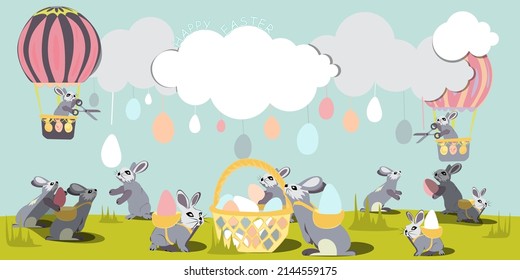 The Easter Bunny flies on air balloon through the sky among the clouds and cuts off Easter eggs with scissors. rabbits catch eggs, carry them and put them in a wicker basket. Happy Easter vector isola