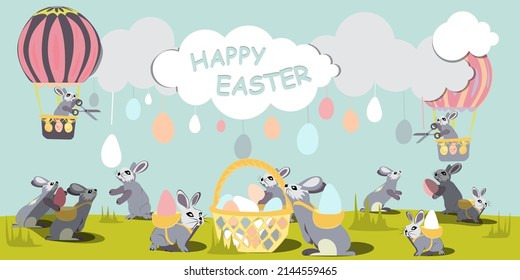 The Easter Bunny flies on air balloon through the sky among the clouds and cuts off Easter eggs with scissors. rabbits catch eggs, carry them and put them in a wicker basket. Happy Easter vector isola