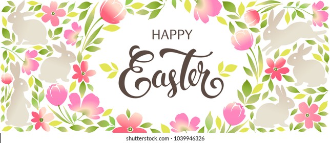 Easter bunny with floral ornaments. Happy Easter greeting banner.