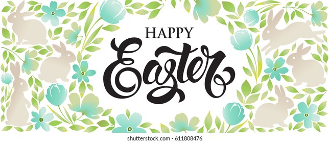 Easter bunny with floral ornaments. Happy Easter greeting banner. 