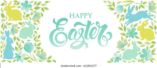 Easter bunny with floral ornaments. Happy Easter greeting banner. 