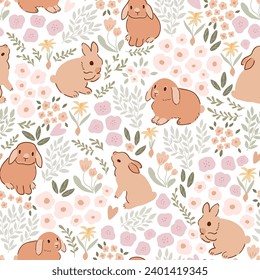 Easter bunny floral pattern in beige color. Baby rabbit sitting in tiny flowers spring field. Pastel farm animal seamless print, repeat background. Sweet hand drawn fabric, textile design for kids.