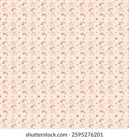 Easter bunny floral pattern pink color.rabbit jumping in tiny pink flowers Pastel color animal seamless print,Cute hand drawn design for fabric, textile,banners,wallpapers,cards and wrapping.