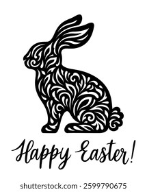 Easter Bunny. Floral vector silhouette. For paper,laser cutting, sublimation. Happy Easter phrase. Cute animal with flowers. Holiday symbol. Isolated on white background.