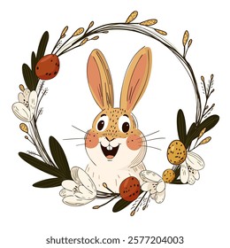 Easter Bunny in Floral Wreath. for Easter greetings, seasonal designs, and springtime celebrations.