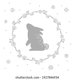 Easter Bunny in floral wreath neutral grey vector illustration. Illustration of spring rabbit in flower frame motif. Happy Easter art for Christian spring holidays.